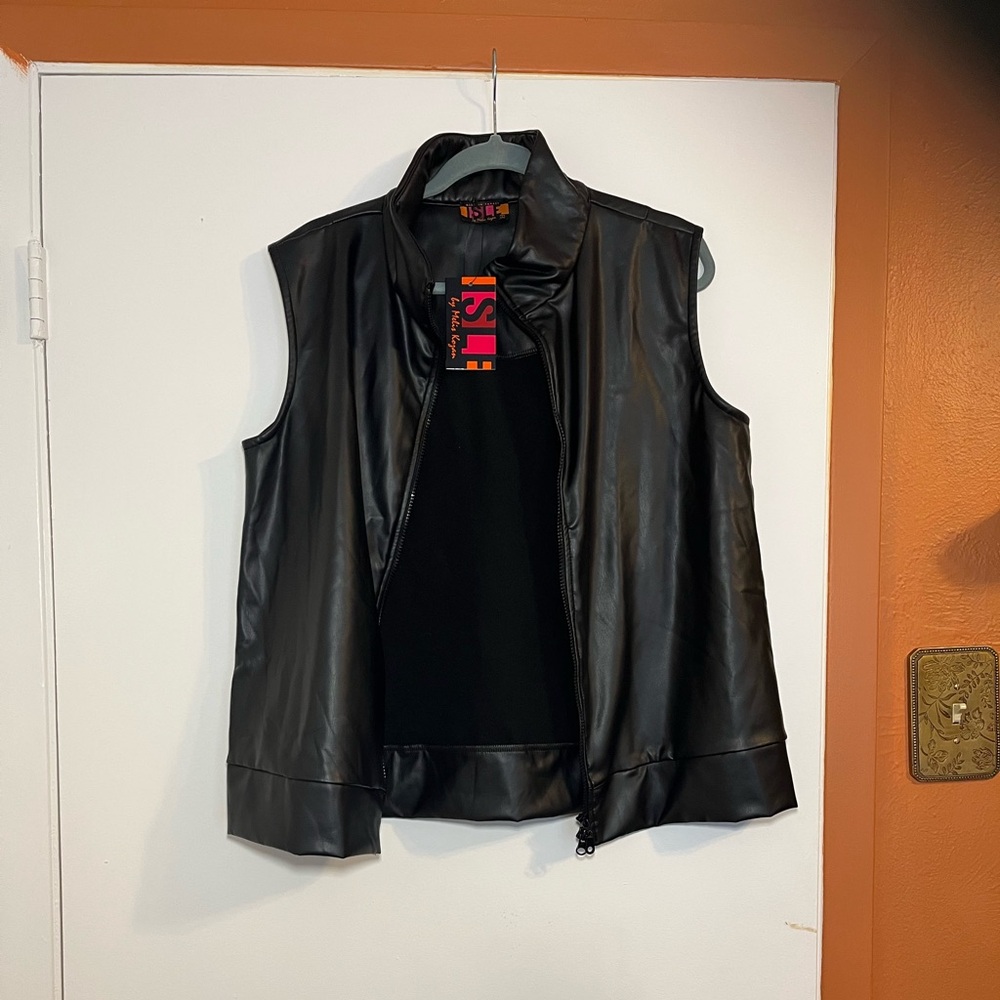 Sleek Black Faux Leather double zipper Vest Isle by Melis Kozan NWT